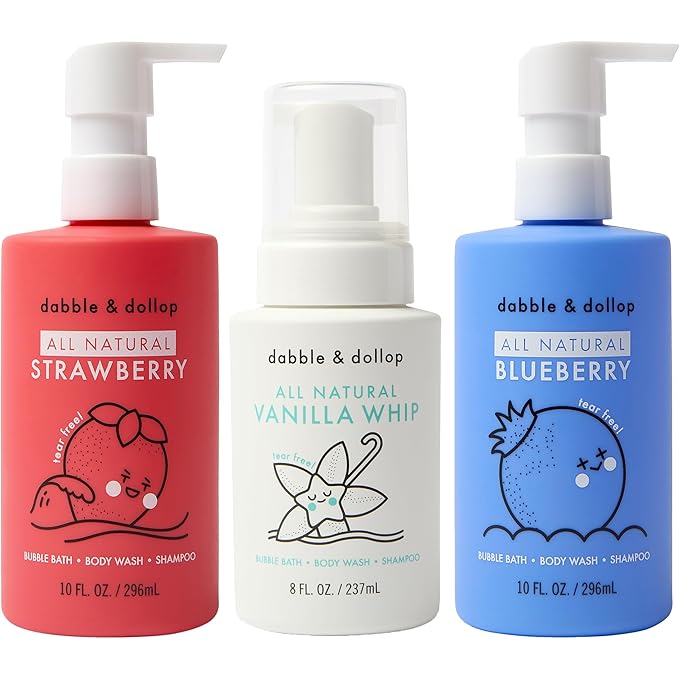 Dabble & Dollop USA Bundle, 3-in-1 Natural Bubble Bath, Body Wash & Shampoo for Kids, USA-Made, Paraben & Sulfate Free, Vegan, Gluten-Free, Tear-Free, Strawberry, Vanilla & Blueberry (Set of 3)